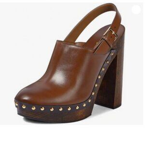 Brown Women's Chic Closed Toe Studded Clog Platform Slingback Block Heels Pumps